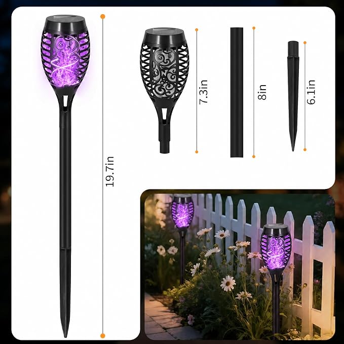 8 Pack Solar Lights Outdoor, Purple Flickering Flame Torches | Purple Flickering Flame, Long Nighttime Glow, Auto-On at Dusk, IP65 Weather-Resistant, Tool-Free Ground Setup