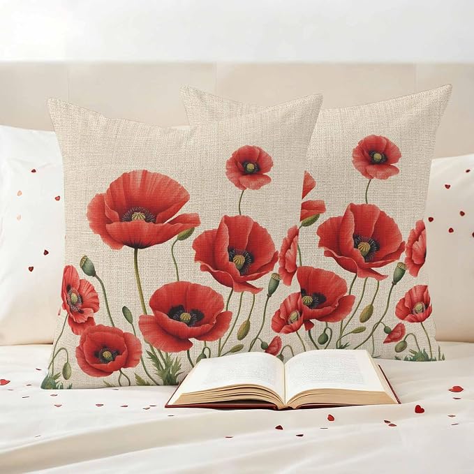 Flowers Outdoor Waterproof Throw Pillow Covers 18"x18" Set of 2, Red Opium Poppy Flowers Vintage Linen Decorative Garden Pillowcase with Zipper Cushion Case for Patio Couch Tent