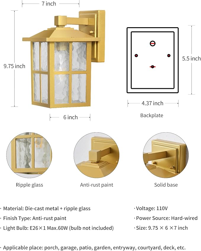 KDG Gold Outdoor Waterproof Modern Patio Wall Light Fixtures Set of 2 | E26 Socket Exterior Lanterns & Sconce with Tempered Glass, Wall Mounted Lamps for Home, Front Door, Garden, Garage, Porch