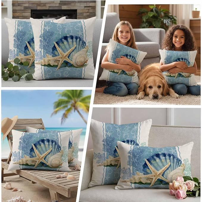 Coastal Oceans Waterproof Outdoor Pillow Covers Set of 2 Home Decor, Summer Beach Corals Shells Starfish Cotton Linen Pillowcase Patio Pillow Covers for Couch Bench Furniture Garden 18x18in