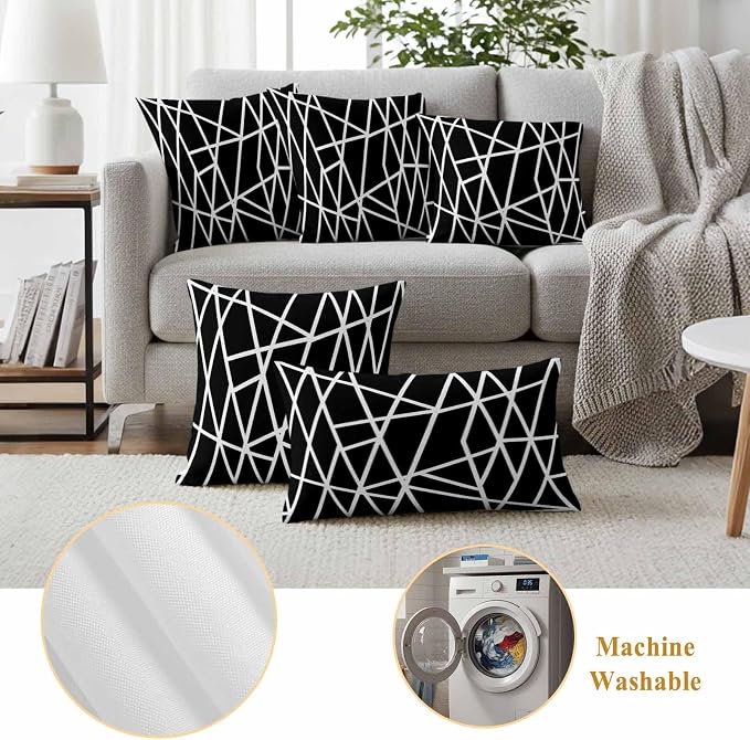 Outdoor Pillow Covers Waterproof, Black Geometric Decorative Square Throw Pillowcases Patio Cushion Covers for Tent/Garden, 24" x 24" 2 Pack, Abstract Stripes Modern Simple