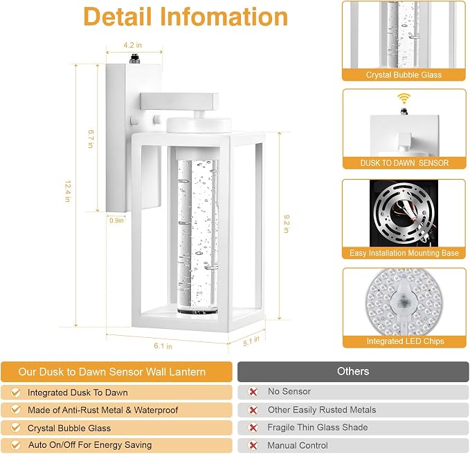 VIANIS 2 Pack Dusk to Dawn Outdoor Sconce Lights, White Built-in 10W LED Exterior Lighting Fixtures Wall Mount for House, Anti-Rust Modern Porch Lights Outdoor for Garage with Crystal Bubble Glass