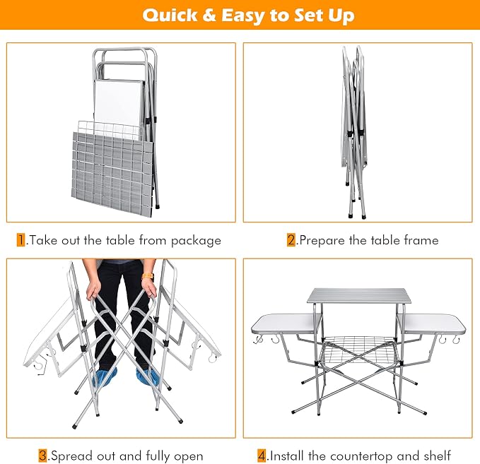 Giantex Folding Grill Table with 26'' Main Tabletop, Portable Aluminum Camping Table, Carrying Bag, Quick Set-up, Outdoor Camping Kitchen Food Prep Station for Picnic Tailgating RVing Backyard
