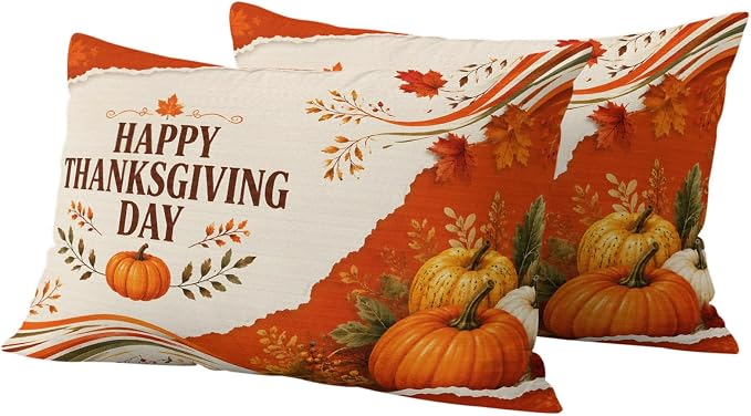 Fall Thanksgiving Waterproof Outdoor Pillow Covers 20''x12'' Set of 2, Maple Leaves Orange Pumpkins Patio Furniture Cushion Covers for Chairs, Decorative Farmhouse Pillow Cases for Garden/Pool/Beach