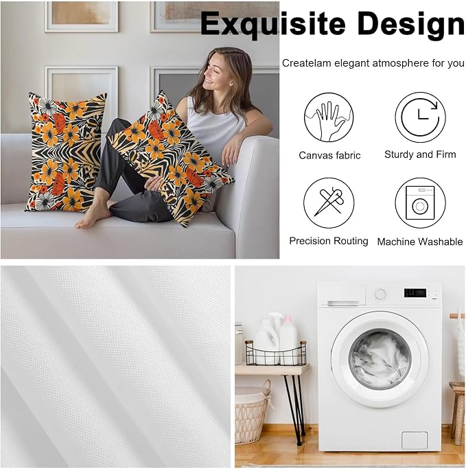 Orange Yellow Black Botanical Outdoor Pillow Covers 20x12 Inch Lumbar Pillow Covers Set of 2 Waterproof Decorative Throw Pillow Cases Modernism Spring Floral Cushion Covers for Patio Furniture Garden