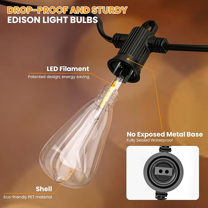 Kawaya Outdoor String Lights for Patio - ST38 Outside IP65 Waterproof Hanging Light with 2700k~6000k Dimmable - 50FT Led Edison Lights for Cafe Bistro Yard Gazebo Porch