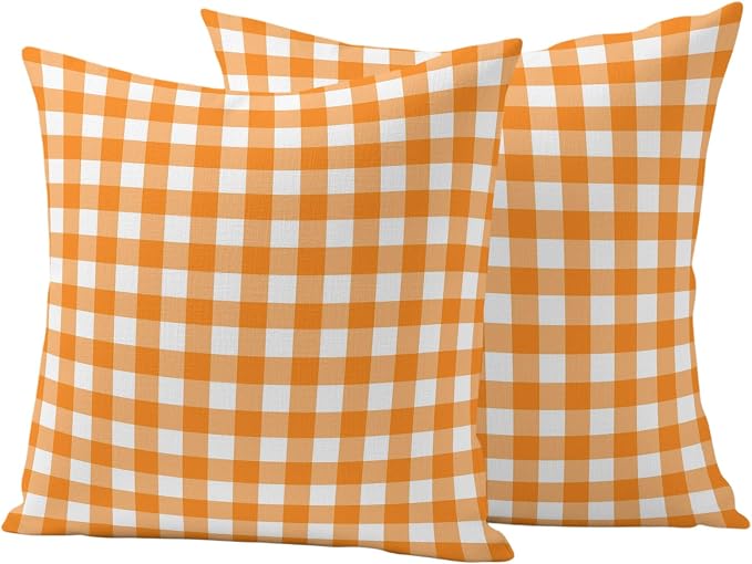Orange Checks Outdoor Pillow Covers 20"x20" Set of 2, White Gingham Plaid Abstract Modern Summer Waterproof Throw Pillow Covers for Patio Furniture, Decorative Cushion Covers for Porch