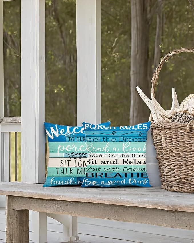 Waterproof Outdoor Pillow Covers 18x18 - Turquoise Blue Beige Woodgrain Coastal Farmhouse Welcome to Porch Decorative Cushion Covers for Patio Furniture, Set of 2
