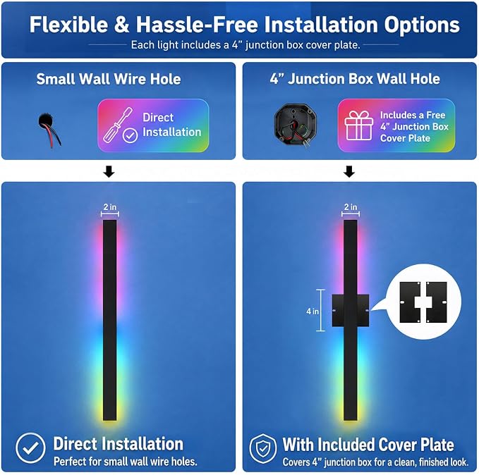 Modern Outdoor RGB Wall Lights, 2 Pack 31.5 Inch RGB Dimmable Long wall Light, Ip65 Waterproof Black Linear Exterior Wall Sconce with Remote and APP Control for House, Garage, Porch
