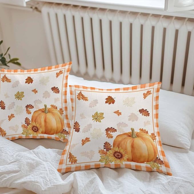 Thanksgiving Day Outdoor Throw Pillow Cover Autumn Pumpkins Sunflowers Waterproof Cushion Covers 2 Pack Fall Leaves Plaid Pillow Cases Home Decoration for Patio Garden Couch Sofa 18x18In
