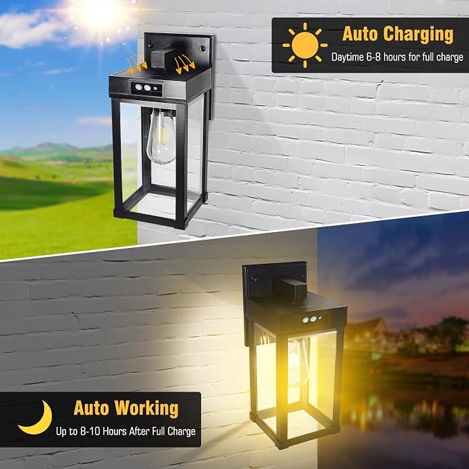 Solar Wall Lights Outdoor, Solar Sconce Lantern with 3 Lighting Modes | Motion Sensor, Porch Light Fixture Outside Waterproof with Clear Panel for Garage Yard Front Door Shed