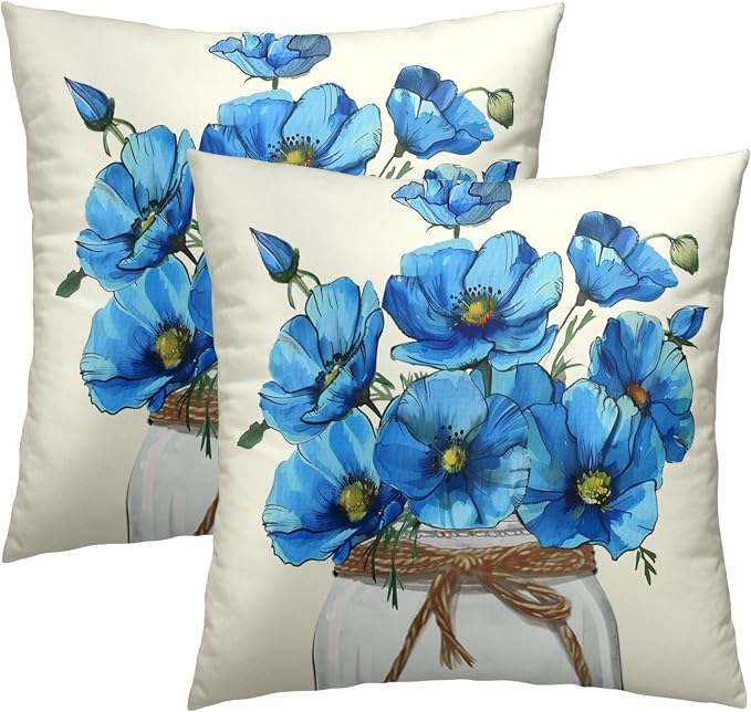 Blue Poppy Throw Pillow Covers 18x18 Inch Set of 2 Watercolor Summer Flower Mason Jar Decorative Pillow Cushion Cases for Sofa Couch Living Room Housewarming Party Decor