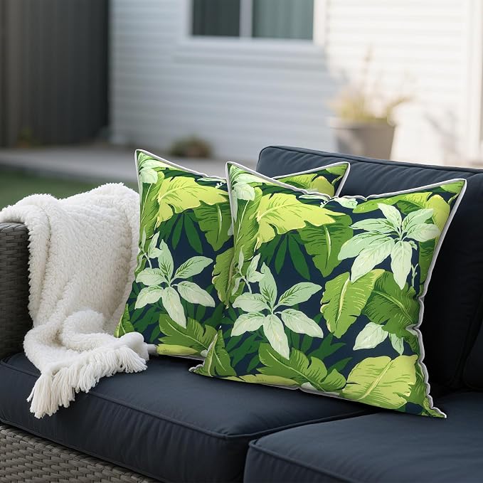 Outdoor Throw Pillows Inners, Fade Resistant Patio Furniture Square Pillows with Piping Set of 2 for Patio Furniture, 18x18 Inch, Jungle Leaves