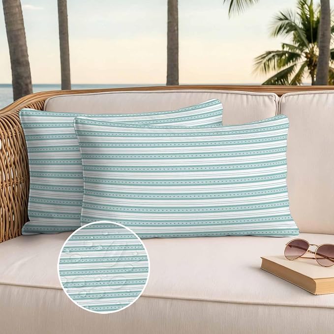 Boho Turquoise Stripe Waterproof Outdoor Pillow Covers Set of 2 Home Decor, Abstract Geometric White Minimalist Pillowcase Patio Pillow Covers for Couch Bench Furniture Garden 20x12in