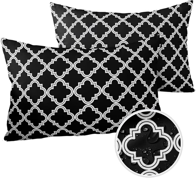 Outdoor Waterproof Pillow Covers for Patio Furniture Moroccan Pattern Decorative Throw Pillow Cover Geometric Trellis Black Pillowcases Set of 2 Cushion Case for Sofa Couch Chair Home Decor 20x12 inch
