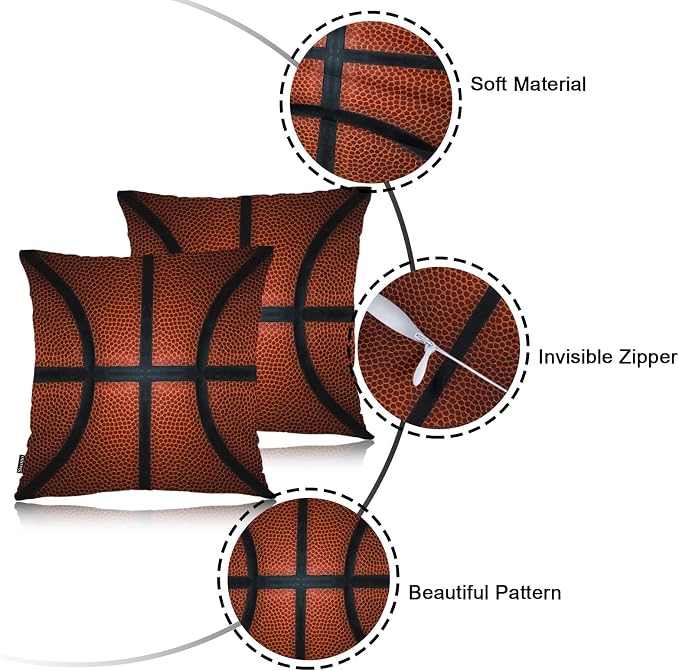 Swono Basketball Set of 2 Throw Pillow Covers Retro Sport Game Basketball Ball 18x18 Inches Pillow Cases Standard Cushion Cover Square Pillowcases for Men Women Decorative Home Bed Sofa