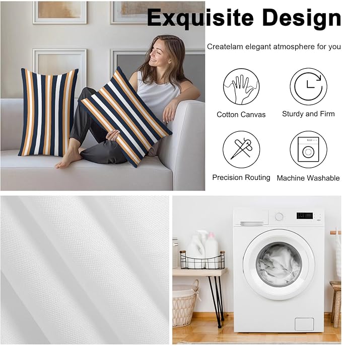 Orange Navy Blue Striped Outdoor Pillow Covers Waterproof, All Weather Cushion Case Set of 2, Minimalist Farmhouse Lines Lumbar Pillowcase for Sofa Couch Bed Decor Patio Furniture 20"x12"