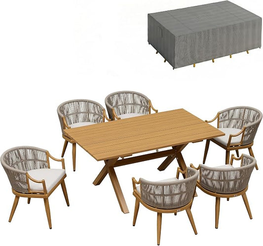 PURPLE LEAF Outdoor Dining Set for 6 with Waterproof Furniture Cover All Weather Patio Dining Set with Rectangular Aluminum Table and Wicker Dining Chairs for Garden Deck Backyard Kitchen, Teak