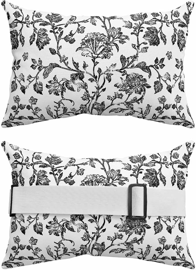 Pack of 2 Outdoor Lumbar Pillow Covers 12x20 Inch, Black Flower Waterproof Throw Pillow Covers Set, Vintage Farmhouse Boho Leaf Spring Plant Indoor&Outdoor Cushion Cases for Patio Porch Beach