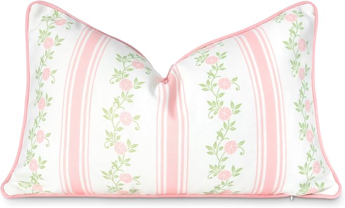 Hofdeco Premium Coastal Patio Indoor Outdoor Lumbar Pillow Cover Only, 12"x20" Water Repellent for Backyard, Couch, Blush Pink Print Stripe Floral