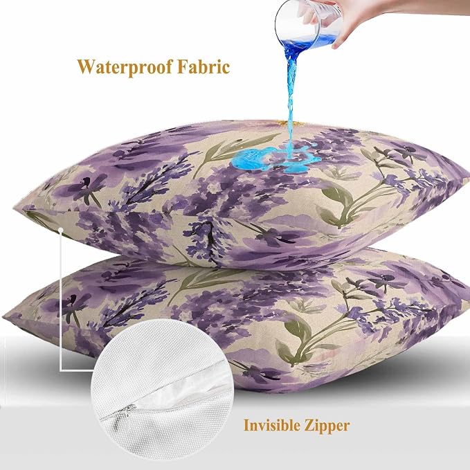 Spring Flowers Outdoor Waterproof Throw Pillow Covers Set of 2, 16"x16", Lavender Leaf Purple Floral Vintage Decorative Pillow Covers Outside Cushion Case for Patio Porch Garden