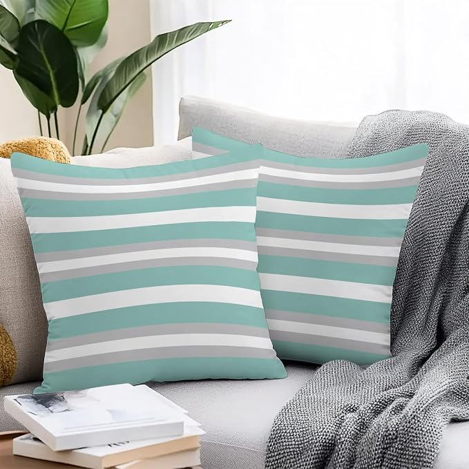 Aqua Grey Stripe Outdoor Pillow Covers Waterproof, All Weather Cushion Case Set of 2, Minimalist Farmhouse Striped Decorative Pillowcases for Sofa Couch Bed Decor Patio Furniture 18"x18"