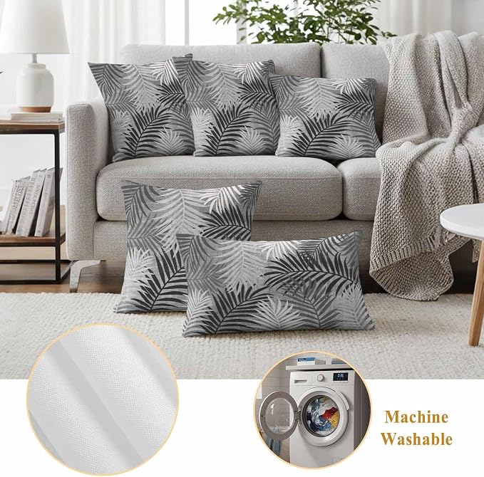 Outdoor Waterproof Throw Pillow Covers, Grey Palm Leaves Decorative Pillow Cases, Summer Botanical Tropical Leaf Couch Pillow Protector Patio Sofa Cushion Covers Replacement 24"x24" 2 Pack