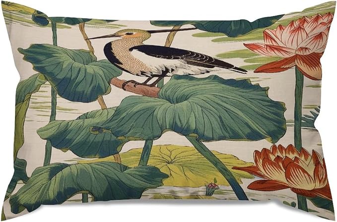 Set of 2 Chinese Pond Bird Decorative Throw Pillow Covers 12x18in Farmhouse Rectangle Accent Pillow Cases Cushion Cover Cases for Sofa Chair Bedroom Home Decor