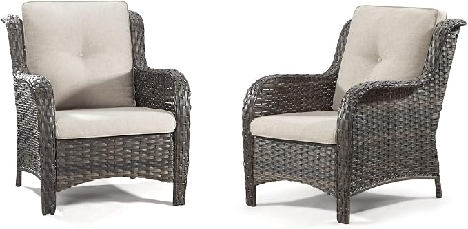 Outdoor Wicker Chair Rattan Patio Dining Chairs Set of 2 PE Wicker Patio Chairs with 3.5 inch Seat Cushions Outdoor Patio Seating Chair for Garden, Backyard Swimming Pool, Balcony, Beige