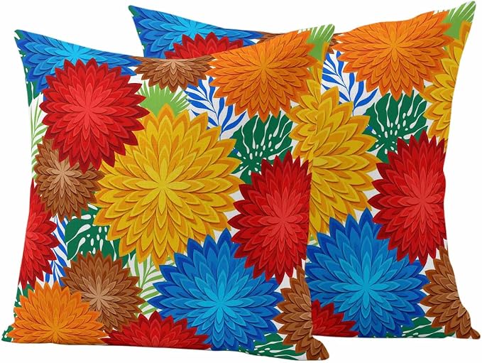 Red Yellow Blue Flowers Outdoor Pillow Covers Waterproof, All Weather Cushion Case Set of 2, Boho Colorful Floral Plant Decorative Pillowcases for Sofa Couch Bed Decor Patio Furniture 16"x16"