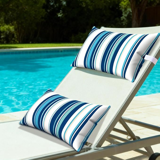 Outdoor Pillows for Lounge Chair Head Resting 2 Pack Waterproof | Headrest Lumbar Pillows with Adjustable Strap for Recliner Beach Pool Lounger Chair, Blue Stripes