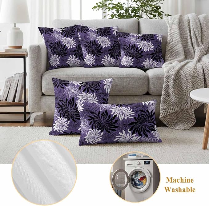 Yukro Purple Black Floral Outdoor Waterproof Pillow Covers Pack of 2, Vintage White Black Flower Purple Decorative Throw Pillowcases Cushion Covers for Garden Patio Tent Sofa Couch, 18x18 inch