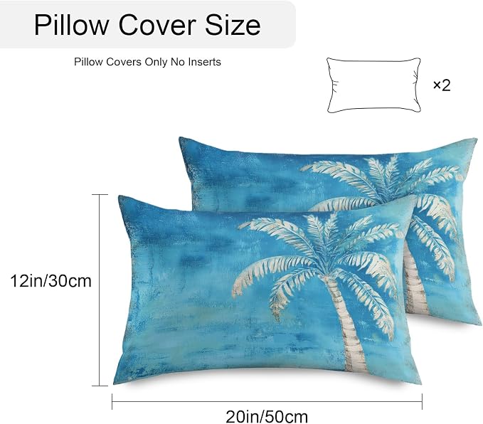 Coastal Beach Tree Blue Outdoor Waterproof Pillow Covers, Vintage Summer Palm Tropical Botanical Decorative Rectangle Throw Pillowcase Sofa Cushion Sham for Patio/Couch/Chair, 20"x12" 2 Pack