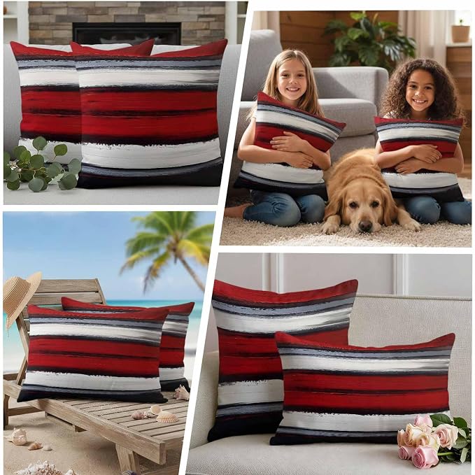 Red and Black Strip Outdoor Pillow Covers 24"x24" Set of 2, Classic Modern Art Waterproof Throw Pillow Covers for Patio Furniture, Decorative Cushion Covers for Porch