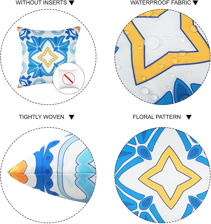 JASEN Outdoor Waterproof Pillow Covers, Blue Floral Outdoor Throw Pillow Cover Set of 4, Boho Double-Sided Decorative Outside Throw Pillows for Patio Furniture Porch Garden Couch