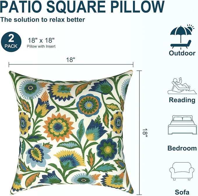 DYTXIII Pack of 2 Waterproof Outdoor Pillow with Inserts, 18x18 Square Patio Decorative Throw Pillow for Home,Sofa,Bench and Patio Furniture,Fiesta Floral