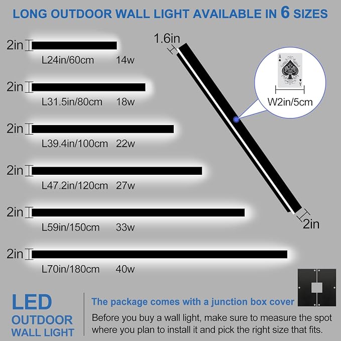 Modern Outdoor Wall Lights, 2 Pack 39.4Inch Long Outdoor Wall Sconce | LED Dimmable Outdoor Porch Lights Wall Mount Exterior Lighting Fixture IP65 Waterproof Black Outside Lights for House Garage