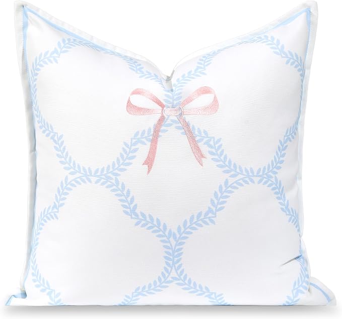 Hofdeco Premium Coastal Grandmillennial Patio Indoor Outdoor Throw Pillow Cover Only, 20"x20" Water Repellent for Backyard, Couch, Poolside, Baby Blue Pink Embroidered Ribbon Bow Tie on Leaves
