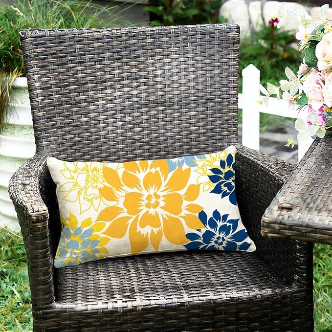 Waterproof Yellow and Blue Dahlia Floral Outdoor Pillow Covers 12x20 Inch, Decorative Spring Summer Cushion Cases for Living Room Sofa Patio Garden Porch
