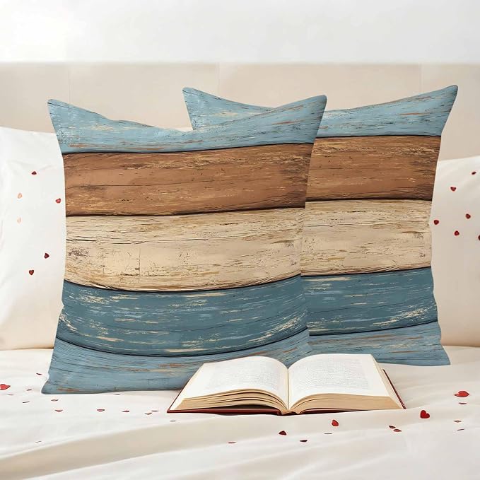 Farmhouse Blue Brown Outdoor Waterproof Pillow Covers, Vintage Wooden Striped Decorative Square Throw Pillowcase Sofa Cushion Sham for Patio/Couch/Chair, 20"x20" 2 Pack