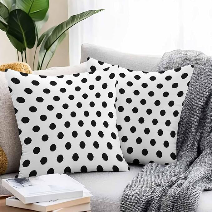 Outdoor Waterproof Throw Pillow Covers Set of 2 Black White Polka Dots Pillowcases 20x20 Inches Cute Solid Color Decorative Pillows Cushion Case Patio Pillows for Couch Bed Chair Garden