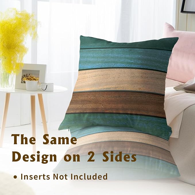 Teal Green Brown Pillow Covers 18x18 Inch Set of 2, Retro Rustic Barn Wood Decorative Throw Pillow Case Soft Cotton Square Cushion Cover Outdoor Sofa Patio Home Decor