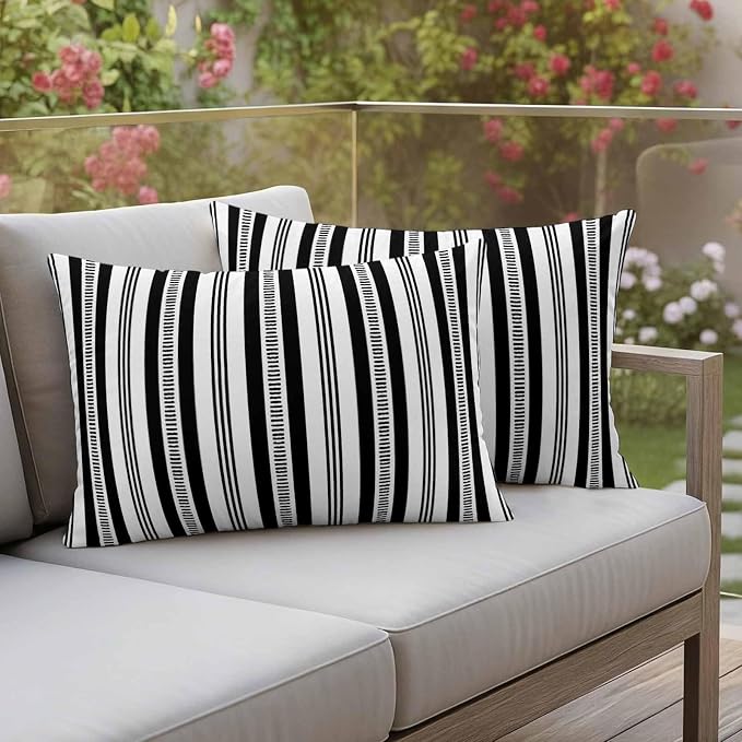 Black Striped Outdoor Waterproof Pillow Covers, Farmhouse Stripes Modern Geometric Decorative Rectangle Throw Pillowcase Sofa Cushion Sham for Patio/Couch/Chair, 20"x12" 2 Pack