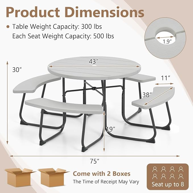 Round Picnic Table for 8 Person, Outside Table Bench Set w/ 4 Built-in Benches, Umbrella Hole, HDPE Top & Metal Frame, 2000LBS Capacity Outdoor Picnic Table for Garden, Porch, Patio (Grey)