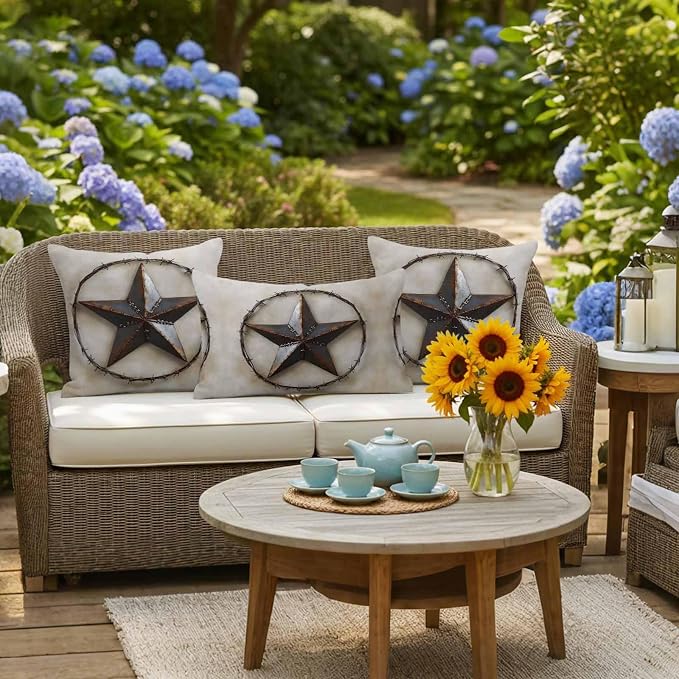 Farmhouse Vintage Waterproof Outdoor Pillow Covers Set of 2 Home Decor, Country Western Texas Star Aesthetic Pillowcase Patio Pillow Covers for Couch Bench Furniture Garden 20x12in