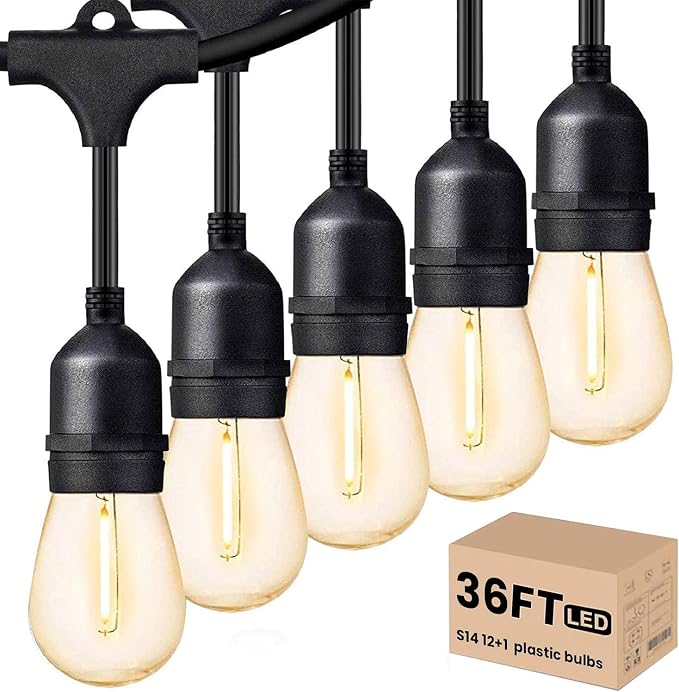 Svater Outdoor String Lights LED 36 FT S14 Commercial Grade Waterproof ETL | Outside Patio Light with Plastic 1 Watt Antique Edison E26 Bulbs, Connectable Hanging Strand for Bistro Cafe Backyard 2700K