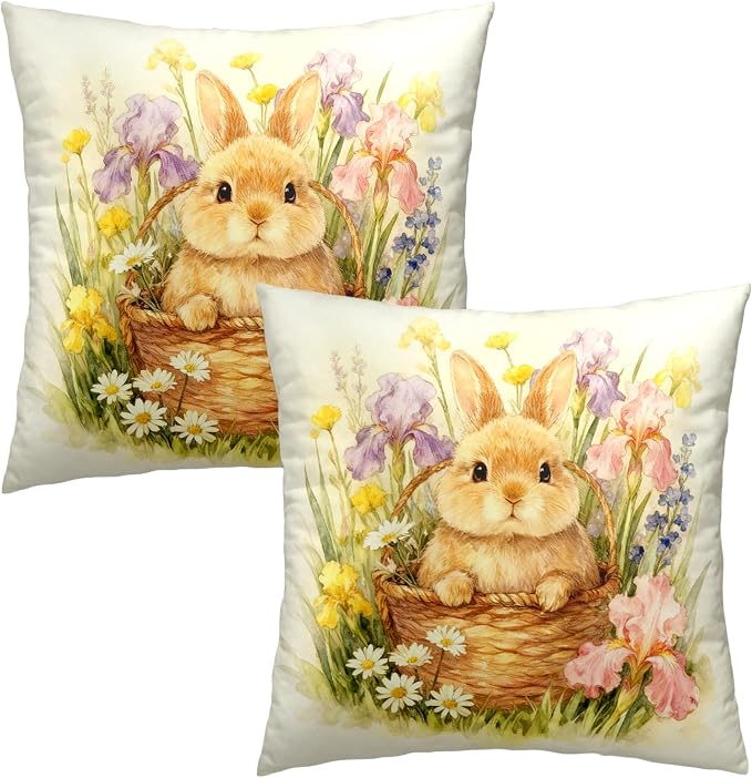 Set of 2 Spring Easter Throw Pillow Covers Watercolor Lovely Bunny Pillow Covers 24x24 Rabbit Daisy Iris Floral Pillow Cases Spring Holiday Cushion Cases for Home Sofa Decor