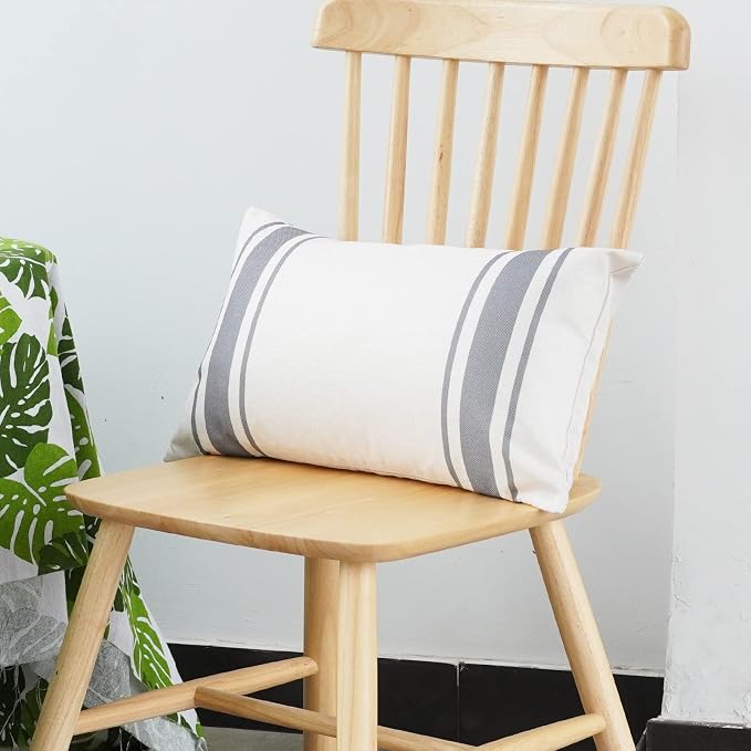 ONWAY Outdoor Pillow Covers Waterproof 12x20 Set of 2 Decorative Linen Throw Pillow Cover Beige and Grey Striped Outdoor Pillows for Patio Furniture