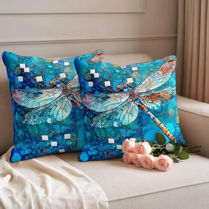 Blue Dragonfly Outdoor Pillow Covers Set of 2 Country Vintage Watercolor Dragonfly Wings Waterproof Throw Pillow Cover Decorative Cushion Cases for Patio Porch Garden 16X16 Inch