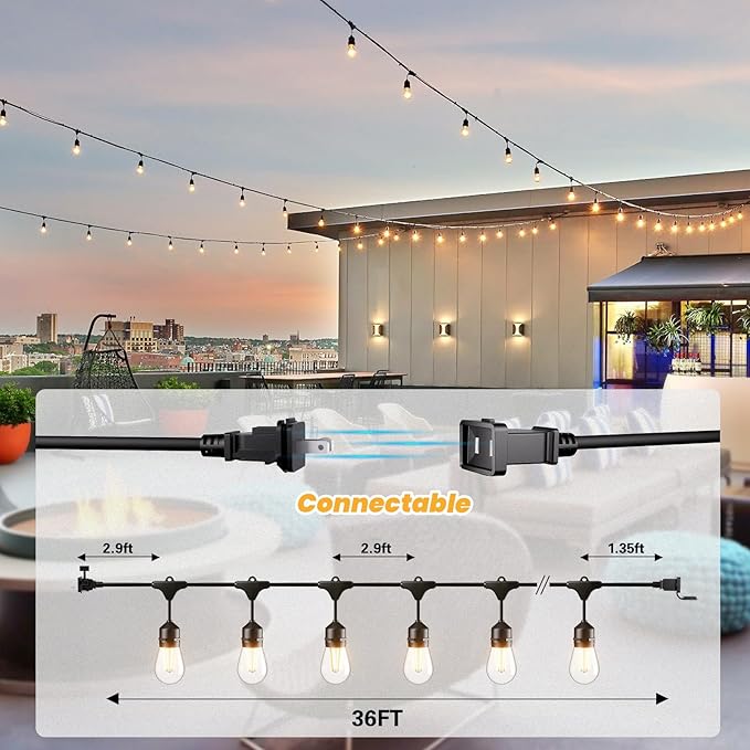 Svater 36 FT Outdoor String Lights 2W LED Antique Edison Waterproof ETL | Outside Patio Light with Shatterproof E26 S14 Bulbs, Commercial Connectable Hanging Strand for Bistro Cafe Market Warm White